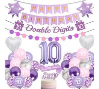10th Birthday Party Decorations Girls - 38 Pcs Purple Pink Double Digits Banners Garland Cake Topper Sash Heart Star Foil Latex Number 10 Balloons for Her 10 Years Old Girl Happy Birthday Supplies