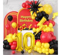 10th Birthday Red Black Yellow Balloons Arch Kit, 10th Cartoon Balloon Garland with Number 10 Lightning Star Balloons for Cartoon Ball Theme Birthday Party