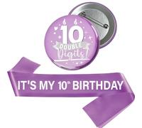 10th Birthday Sash Badge Kit - 2 Pcs Purple It's My 10th Birthday Sash 10 Double Digits Badge for Girls Happy 10 Year Old Birthday Decorations Supplies and Double Digits Party Gifts
