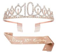 10th Birthday Tiara & Sash Set for Girls - Rose Gold Rhinestone Crown & 'It's My 10th Birthday' Glitter Sash | Adjustable Princess Birthdays Decorations, Party Favors, Photo Props for 10 Year Old
