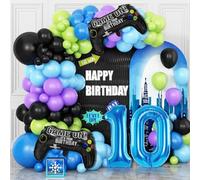 10th Birthday Video Game Balloons Arch,10th Party Balloons Garland Kit | 10th Video Game Birthday Supplies with Blue Number 10 Balloon Game Foil Balloons for 10 Year Old Teens Boys Decor