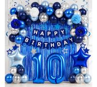 10th Blue Birthday Decorations for Boys Kids Happy Birthday Banner Balloons