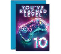 10th Gamer Birthday Cards for Boys Girls - You've Reached Level 10 - Happy 10 Birthday Card for Son Daughter Nephew Niece Grandson, 5x7 Inch Ten Tenth Bday Video Game Greeting Cards