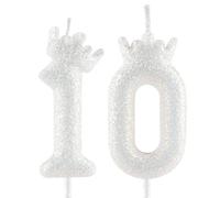 10th Glitter White Crown Birthday Candles, Classic White Birthday Number Candle for Cake Topper Decorations Girls Wedding Anniversary Celebration Happy Party Supplies