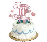 10th Happy Birthday Cake Topper Rose Gold Glitter,Personalised Cake Toppers for Men Boys Women Girls Birthday Party Cake Decorations Kit with Star Heart Cupcake Topper
