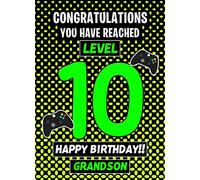 10th Level Gamer Birthday Card (Grandson) - From Grandad Grandma Greeting Gift Keepsake Blank Inside Hobby Theme Premium Quality Envelope Included UK Seller