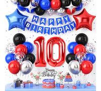 10th Red Black Blue Birthday Decorations for Boys,Metallic Silver Blue Red 10th Party Balloons Star Foil Balloons Banner Cake Topper Kids Theme Birthday Party Decor