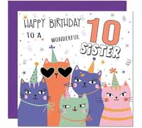 10th Sister Birthday Cards - Childrens Cute Cat Sisters Birthday Card for 10 Year old Kids ten, tenth