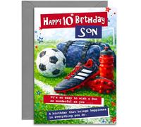 10th Son Football Birthday Card - Age 10 Red and Blue Football design - A5 Size Card with Grey Envelope, Made in UK