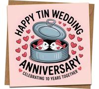 10th Tin Wedding Anniversary Card - Funny Cute Fish in Tin Can Design - Happy Tin Anniversary, Celebrating 10 Years Together - 145mm x 145mm Greeting Card with Kraft Envelope