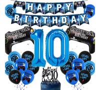10th Video Game Birthday Decorations - 38 Pieces kit Happy Birthday Banner Decor Blue Number 10 Foil Balloon, Game Controller Balloons Cake Toppers for Boy Gaming Party