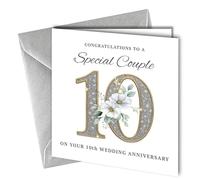 10th Wedding Anniversary Card, Unique Design, 'To a Special Couple' Congratulations Blank Inside Metalic Silver Envelope #1876