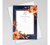 10th Wedding Anniversary Invitations - Elegant Navy & Burnt Orange Anniversary Party Invites with a Botanical Theme - A6 Blank Invite Cards (Pack of 20 with Envelopes)