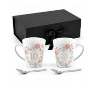 10th Wedding Anniversary Latte Mug Gift Box - Custom Floral Coffee Cup Gift | A set of two stunning latte mugs, celebrating a whole decade of marriage for a special couple