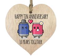 10th Wedding Anniversary Plaque Gift for Husband Wife - 10 Years Together - Happy Tin Anniversary Wooden Heart for Women Men Partner, Light Wood Sign Keepsake Gifts
