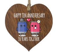 10th Wedding Anniversary Plaque Gift for Husband Wife - 10 Years Together - Happy Tin Anniversary Wooden Heart for Women Men Partner, Dark Wood Sign Keepsake Gifts
