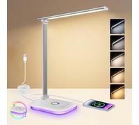 10W LED Desk Lamp with RGB Night Light, 5 Colors Stepless Dimming Table Lamp with USB Charging Port, Touch Control, Memory Function, Bedside Mood Light, for office work, study, and reading, White