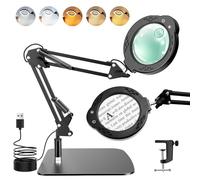 10X 30X Magnifying Glass with Light and Stand, Desktop LED Magnifying Lamp with Base and Clamp, 5 Color Modes, 3 Dimmable Levels Hands Free Magnifying Glass for Reading, Close Work, Crafts, Jewelry