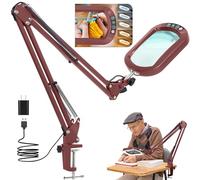 10X Large Magnifying Glass with Light and Clamp, Real Glass, 5 Color Modes, Stepless Dimmable, Lighted Magnifier with Stand Hands Free, LED Swing Arm Desk Lamp for Close Work, Craft, Reading - Red