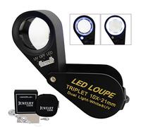 10x Magnifier Jewelry Loupe LED UV 21mm Triplet Lens Optical Glass Pocket Gem Magnifying Tool Jeweler, Stamp Philatelist, Coin Numismatic