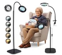 10X Magnifying Glass with Light and Stand, 20X Centre Spot, 3-in-1 Floor/Clamp Magnifier, Height 45-142cm, 3 Colour & 5 Brightness, Flexible Gooseneck Magnifier with Light for Reading Crafts