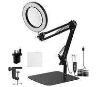 10X Magnifying LED Desk Lamp with Base & Clamp, Magnifying Glass with Light, 3 Color Modes Lighted Magnifier Lamp, Adjustable Arm 4.13" Diameter Glass Magnifying Glasses for Reading, Hobbies (Black)