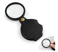 10X Pocket Magnifying Glass - Mini Folding Magnifier with Black Leather Case - 360° Rotating Magnifier for Reading Books, Magazines, Jewelry - Portable Loupe