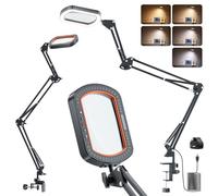 10X Rectangle Magnifying Glass with Light and Clamp, 3 Arms 5 Color Modes Large Magnifying Glasses LED Desk Lamp Hands Free Magnifier for Reading Crafts Jeweller Repair Painting Close Work Hobbies