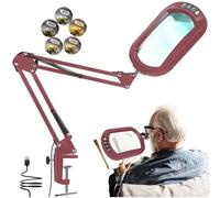 10X Square Magnifying Glass with Light and Clamp, Real Glass LED Lighted Magnifier and Stand, 5 Color Modes Stepless Dimmable, Hands-Free Desk Lamp with Clamp for Reading Craft Hobby Close Work - Red