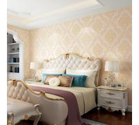10X0.53M 3D 7 Colors Shiny Crystals European Gold Damask Flock Textured Non-Woven Wallpaper Roll for Bedroom Livingroom 1.73' W x 32.8' L=5.3㎡ (57sq.ft) (Cream)