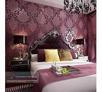 10X0.53M 3D Elegant Damask 6 Colors Luxury Embossed Flock Textured Non-Woven Wallpaper Roll for Bedroom Livingroom 1.73' W x 32.8' L=5.3㎡ (57sq.ft) (Purple)