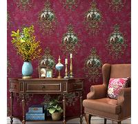 10X0.53M AB European Luxury Damask Stripes 4 Colors Embossed Textured Non-Woven Wallpaper Roll for Bedroom Livingroom 1.73' W x 32.8' L=5.3㎡ (57sq.ft) (Burgundy A Damask)