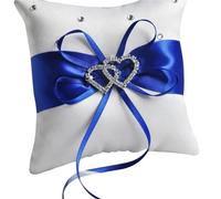 10x10cm Double Heart Satin Ring Pillow Romantic Bridal Wedding Party Hotel Ribbon Cushion Decor for Ceremony Wedding(Blue)