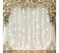 10x10ft Cream White Chiffon Backdrop Curtain with Lights String for Wedding Parties, Sheer Photo Backdrop Curtains for Baby Shower Bridal Shower Birthday Party Ceremony Reception