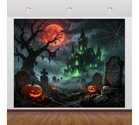 10x10ft Halloween Horror Castle Backdrop Red Blood Moon Graveyard Skeleton Pumpkin Lantern Background for Halloween Party Photography Decor