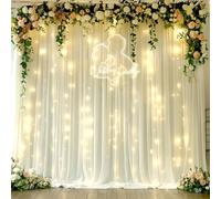 10x10ft Ivory White Chiffon Backdrop Curtain with Lights String for Wedding Sheer Tulle Curtain Photo Backdrops Drapes for Baby Shower Birthday Party Home Ceremony Decorations