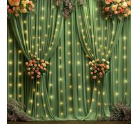 10x10ft Olive Green Backdrop Curtains with Lights Photo Drapes Wrinkle Free Fabric Backdrop Curtain for Wedding Birthday Party Baby Shower Bridal Shower Home Party Background Decorations