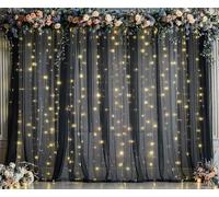 10x10ft Sheer Black Tulle Background Curtain with String Lights for Birthday Party Baby Shower Wedding Photo Booth Photography Background Decoration