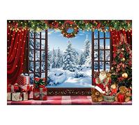 10x6.5ft Christmas Backdrop Snow Scenery Outside the Window Photography Background Red Curtain Gift Box Christmas Photography Backdrop New Year's Party Decoration Banner