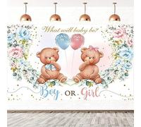10x6.5FT Gender Reveal Backdrop Bear Boy or Girl What Will Baby Be Blush Pink Blue Floral Photography Background Gender Reveal Party Cake Table Decorations Banner Photo Booth Props