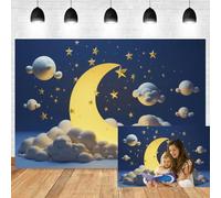 10x7ft 3D Moon Stars Backdrop White Clouds Blue Sky Photography Background for Boys 1st Birthday Party Baby Shower Decoration Twinkle Twinkle Little Star Newborn Baby Portrait Photo Booth Props