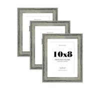 10x8" Distressed Green Picture Frame with 8x6" Mount - Industrial Photo Frame with Distressed Finish, Wall Hooks and Kickstand, 32mm Edge - 3 Pack