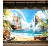 10X8ft Beach Island Backdrop Ocean Seascape Palm Trees Pirate Ship Background Treasure Box Gold Coin Barrels Ocean Sailing Boat Decor Pirate Theme Party Background Photo Studio Booth Props