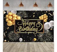 10x8FT Birthday Backdrop Black and Gold Happy Birthday Sign Balloon Fireworks Poster Photography Background Birthday Party Indoor Outdoor Decorations Banner Photo Booth Props