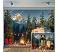 10X8ft Camping Backdrop Vintage Camper Bonfire String Tent Forest Mountain Range Photography Background Outdoor Themed Camping Party Home Decor Photo Booth Props Wall Decor Banner