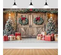 10X8ft Christmas Backdrop Barn Wood Door Xmas Tree Photography Background Winter Holiday Party Photo Booth Family Portrait Decoration Supplies Photo Studio Props Wall Decor Banner