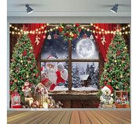 10x8FT Christmas Backdrop Xmas Tree Rustic Wooden Window Moon Night Santa Claus Snow Scene Photography Background Family Winter Holiday New Year Party Decorations Banner Photo Booth Props