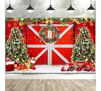 10X8ft Christmas Photography Backdrop, Red Barn Door Christmas Pine Tree Toy Gift Winter Xmas Holiday Backdrop Background Party Banner Decor Baby Kids Family Photo Booth Studio Props
