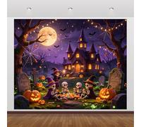 10x8ft Cute Skeleton Halloween Backdrop Skeleton Witch Candy Bat Haunted House Photo Background Trick or Treat Backdrops for Halloween Family Party