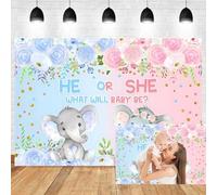 10x8ft Elephant Gender Reveal Backdrop He or She What Will Baby Be Photo Background Watercolor Floral Blue or Pink Boy or Girl Newborn Gender Reveal Baby Shower Birthday Party Decorations Supplies